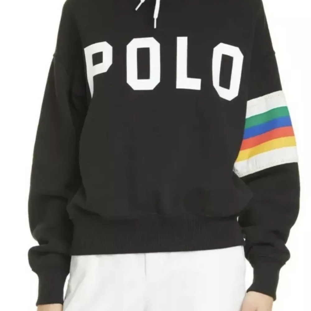 Black Ralph Lauren Polo hoody Sweatshirt with Rainbow arm Stripe cropped